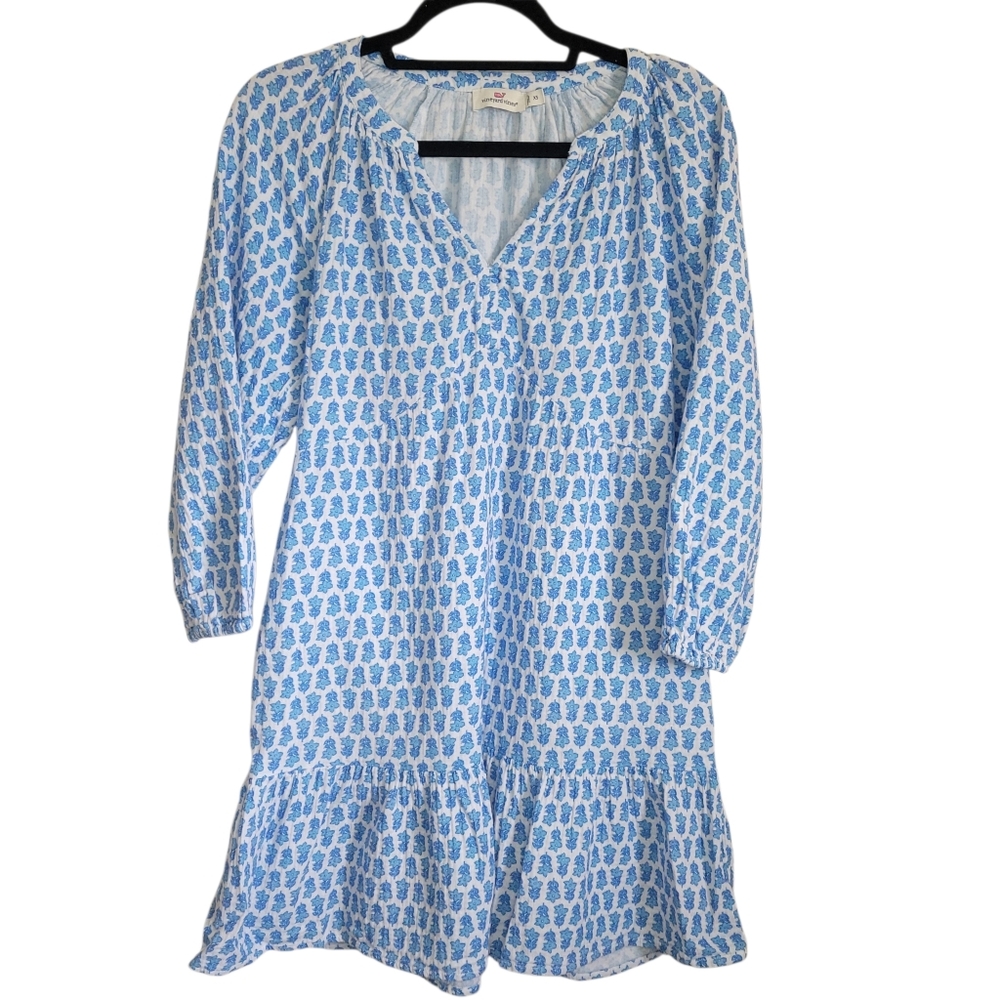 Vineyard Vines Seastitch Block Print Tiered Cotton Mini Dress Blue Coastal XS - Picture 4 of 14